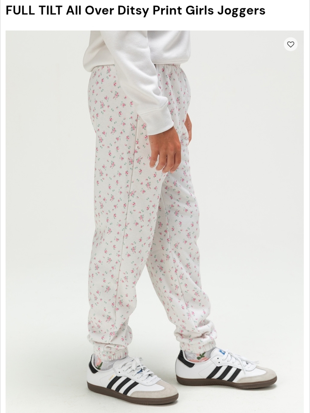 Full Tilt Ditsy Print Girls Joggers - White with Pink Floral NWOT